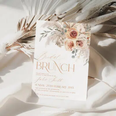 Boho Bridal Brunch Invitation, Burnt Orange & Pampas Editable Template