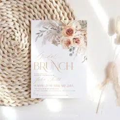Boho Bridal Brunch Invitation, Burnt Orange & Pampas Editable Template
