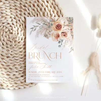 Boho Bridal Brunch Invitation, Burnt Orange & Pampas Editable Template