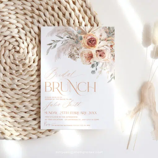 Boho Bridal Brunch Invitation, Burnt Orange & Pampas Editable Template