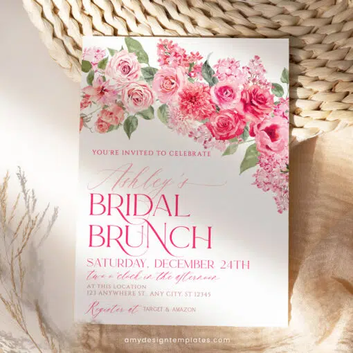 Hot Pink Bridal Brunch Invitation, Floral Bridal Shower Editable Template