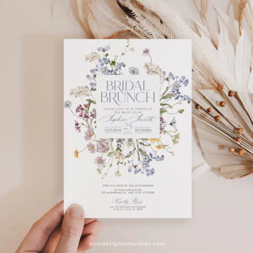 Wildflower Bridal Brunch Invitation, Editable Floral Meadow Brunch Template