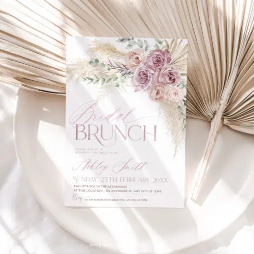 Blush Pink Floral Bridal Brunch Invitation, Boho Dusty Rose Bridal Shower Editable Template