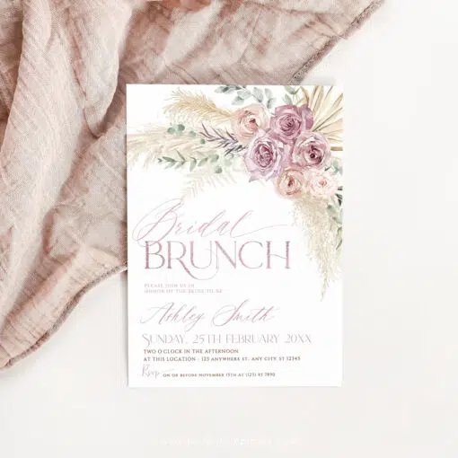 Blush Pink Floral Bridal Brunch Invitation, Boho Dusty Rose Bridal Shower Editable Template