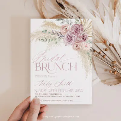 Blush Pink Floral Bridal Brunch Invitation, Boho Dusty Rose Bridal Shower Editable Template