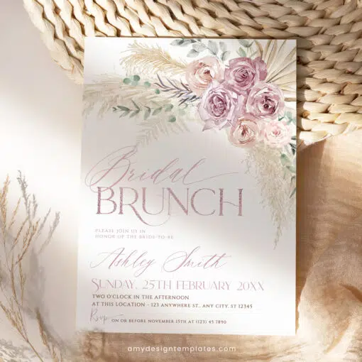 Blush Pink Floral Bridal Brunch Invitation, Boho Dusty Rose Bridal Shower Editable Template