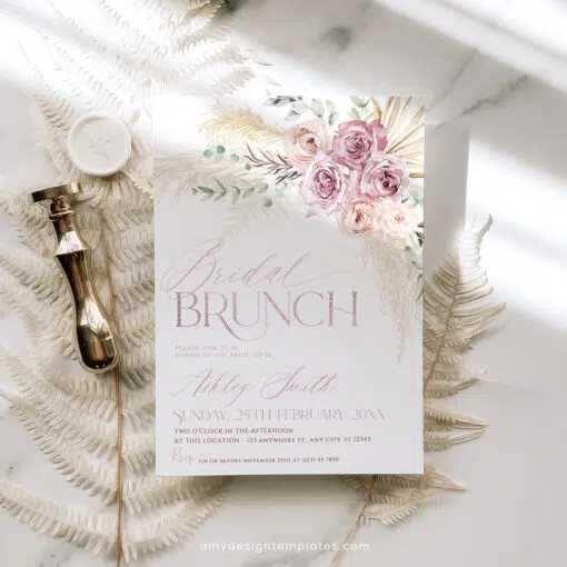 Blush Pink Floral Bridal Brunch Invitation, Boho Dusty Rose Bridal Shower Editable Template