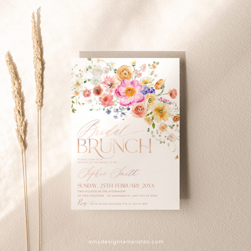 Floral Bridal Brunch Invitation Card, Bright Bridal Shower Brunch Invitations Template Editable Floral Garden Bridal Brunch Invitation, Bright Wildflower Bridal Shower Brunch Editable Template