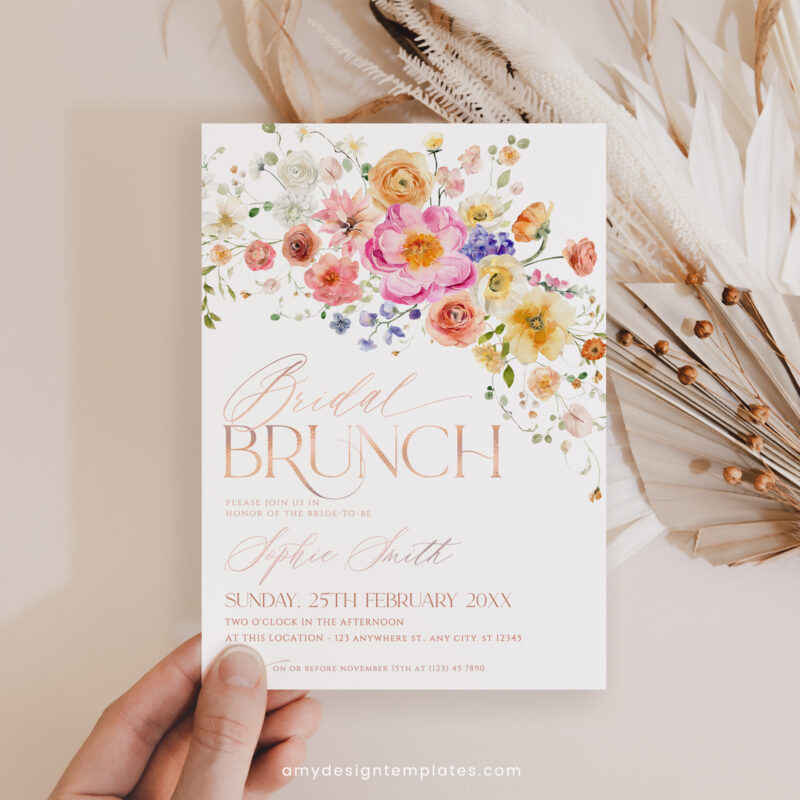 Floral Bridal Brunch Invitation Card, Bright Bridal Shower Brunch Invitations Template Editable Floral Garden Bridal Brunch Invitation, Bright Wildflower Bridal Shower Brunch Editable Template