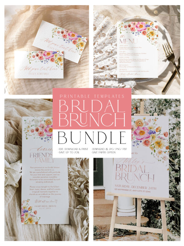 Bright Colorful Bridal Brunch Bundle Editable | Vivid Floral Garden Bridal Shower Brunch Invitation Template Bundle