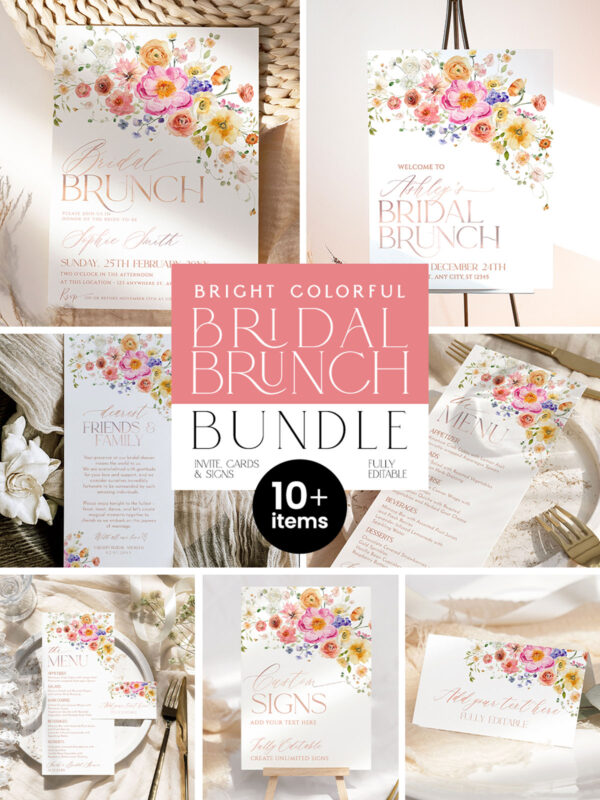 Bright Colorful Bridal Brunch Bundle Editable | Vivid Floral Garden Bridal Shower Brunch Invitation Template Bundle