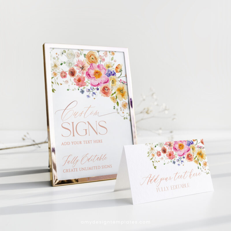 Custom Table Signs Template, Editable Bright Colorful Personalized Sign Printable Download Floral Garden Custom Sign Template, Editable Bright Colorful personalized Sign, Bridal Shower Brunch Sign Printable Download A034