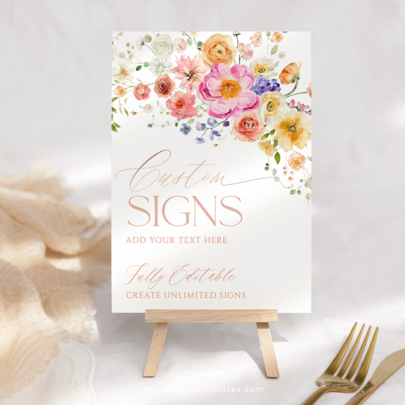 Custom Table Signs Template, Editable Bright Colorful Personalized Sign Printable Download Floral Garden Custom Sign Template, Editable Bright Colorful personalized Sign, Bridal Shower Brunch Sign Printable Download A034