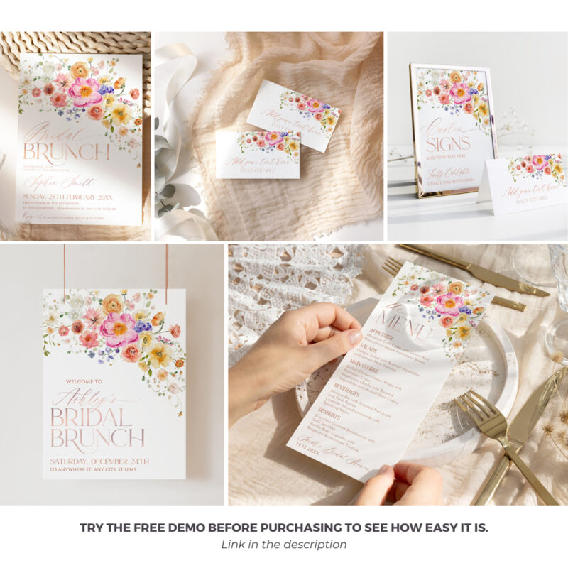 Bright Colorful Bridal Brunch Invitations Template Bundle, Editable Bridal Shower Brunch Invitations Bright Colorful Bridal Brunch Invitation Template Bundle A034