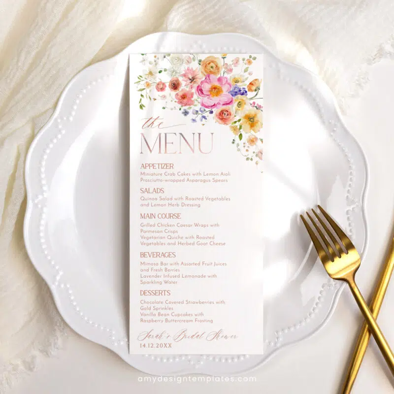 Bright Colorful Bridal Shower Brunch Menu Template A034