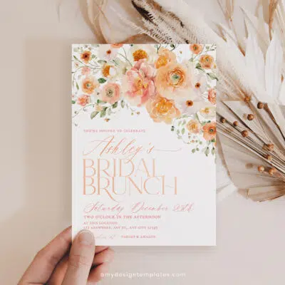 Peachy Bridal Brunch Invitation, Floral Garden Wildflower Bridal Shower Editable Template