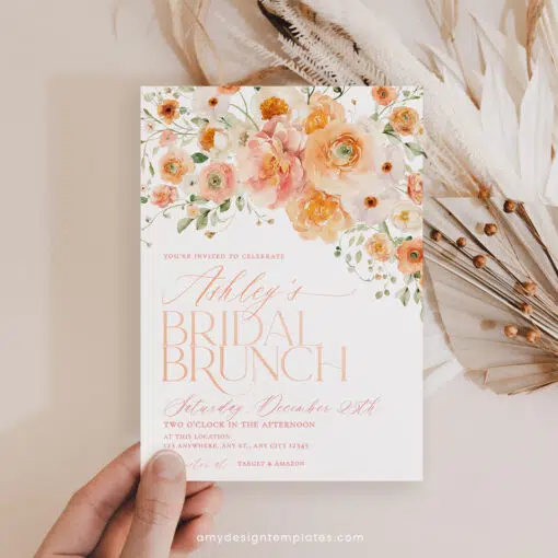 Peachy Bridal Brunch Invitation, Floral Garden Wildflower Bridal Shower Editable Template