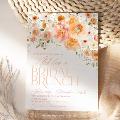 Peachy Bridal Brunch Invitation, Floral Garden Wildflower Bridal Shower Editable Template