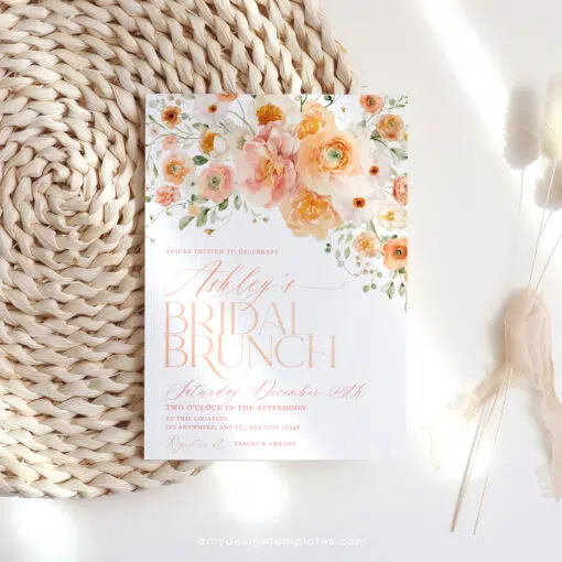 Peachy Bridal Brunch Invitation, Floral Garden Wildflower Bridal Shower Editable Template