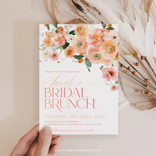 Citrus Bridal Brunch Invitation, Peachy Orange Floral Bridal Shower Brunch Editable Template