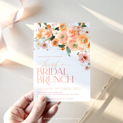 Citrus Bridal Brunch Invitation, Peachy Orange Floral Bridal Shower Brunch Editable Template Citrus Bridal Brunch Invitation, Peachy Orange Floral Bridal Shower Brunch Editable Template
