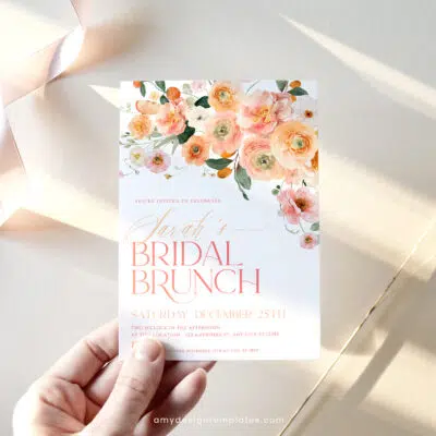 Citrus Bridal Brunch Invitation, Peachy Orange Floral Bridal Shower Brunch Editable Template