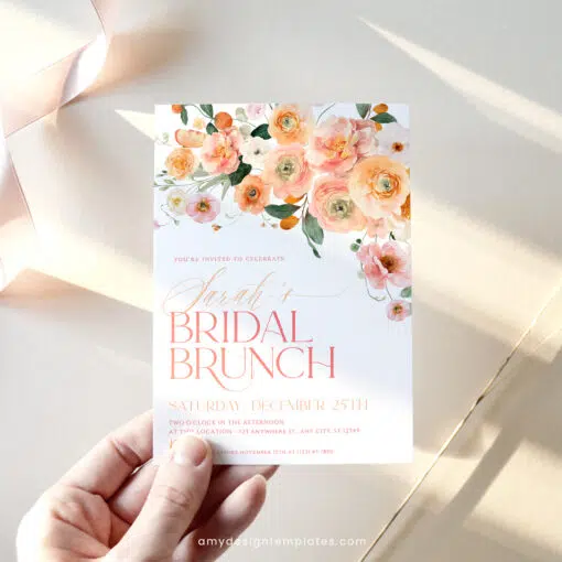 Citrus Bridal Brunch Invitation, Peachy Orange Floral Bridal Shower Brunch Editable Template
