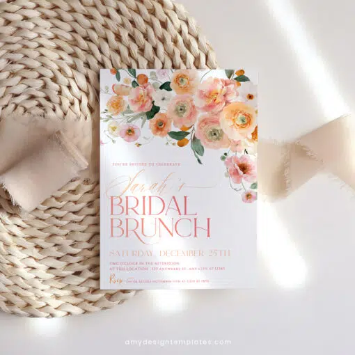 Citrus Bridal Brunch Invitation, Peachy Orange Floral Bridal Shower Brunch Editable Template