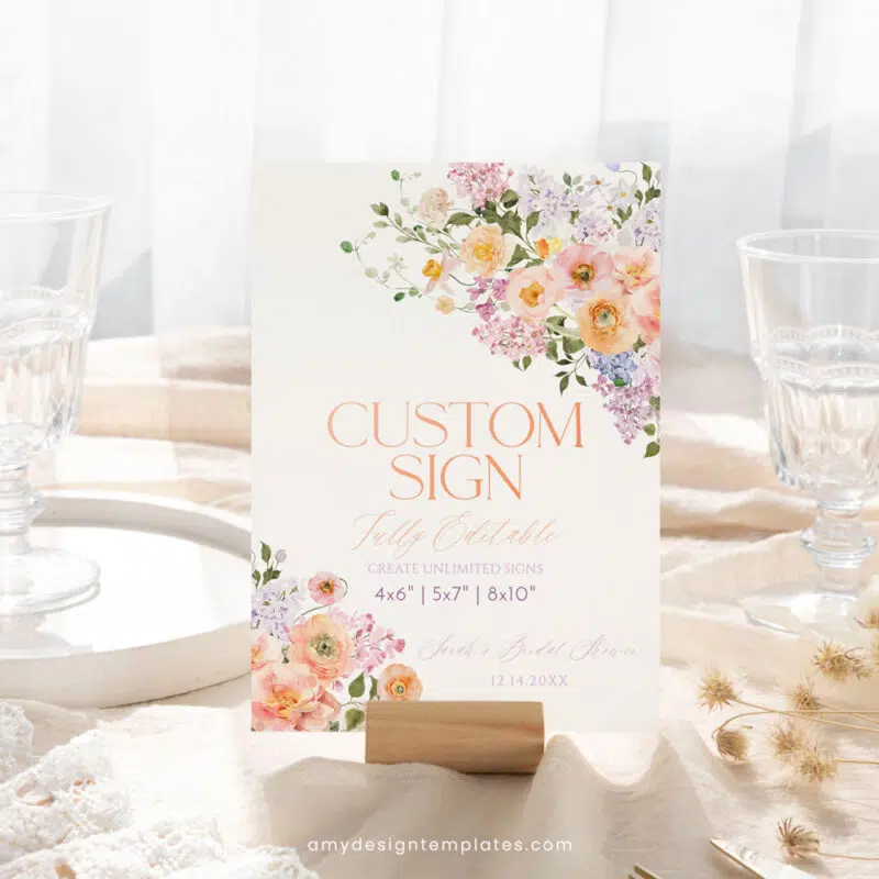 Custom Sign Template – Editable Purple Peach Floral