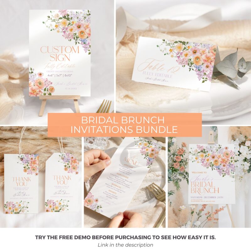 Peach Purple Bridal Brunch Invitation Template Bundle, Bright Bridal Shower Brunch Invitation Bundle Template Peach Purple Bridal Brunch Invitation Template Bundle