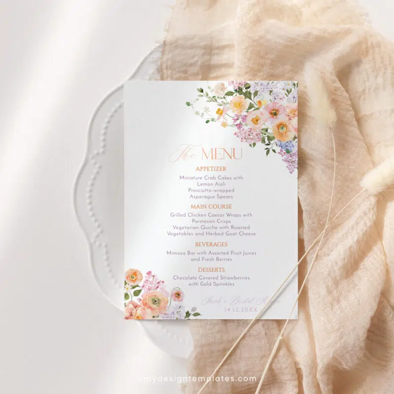Bright Colorful Bridal Shower Brunch Menu Template – Peach Purple Floral A038