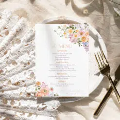 Bright Colorful Bridal Shower Brunch Menu Template – Peach Purple Floral A038