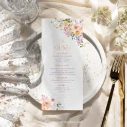 Bright Colorful Bridal Shower Brunch Menu Template – Peach Purple Floral A038