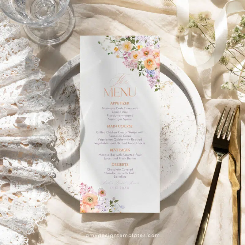 Bright Colorful Bridal Shower Brunch Menu Template – Peach Purple Floral A038