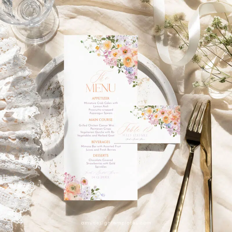 Bright Colorful Bridal Shower Brunch Menu Template – Peach Purple Floral A038