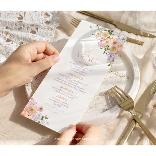 Bright Colorful Bridal Shower Brunch Menu Template – Peach Purple Floral A038