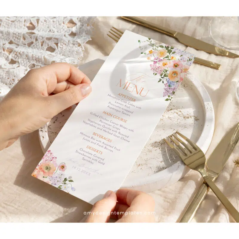 Bright Colorful Bridal Shower Brunch Menu Template – Peach Purple Floral A038