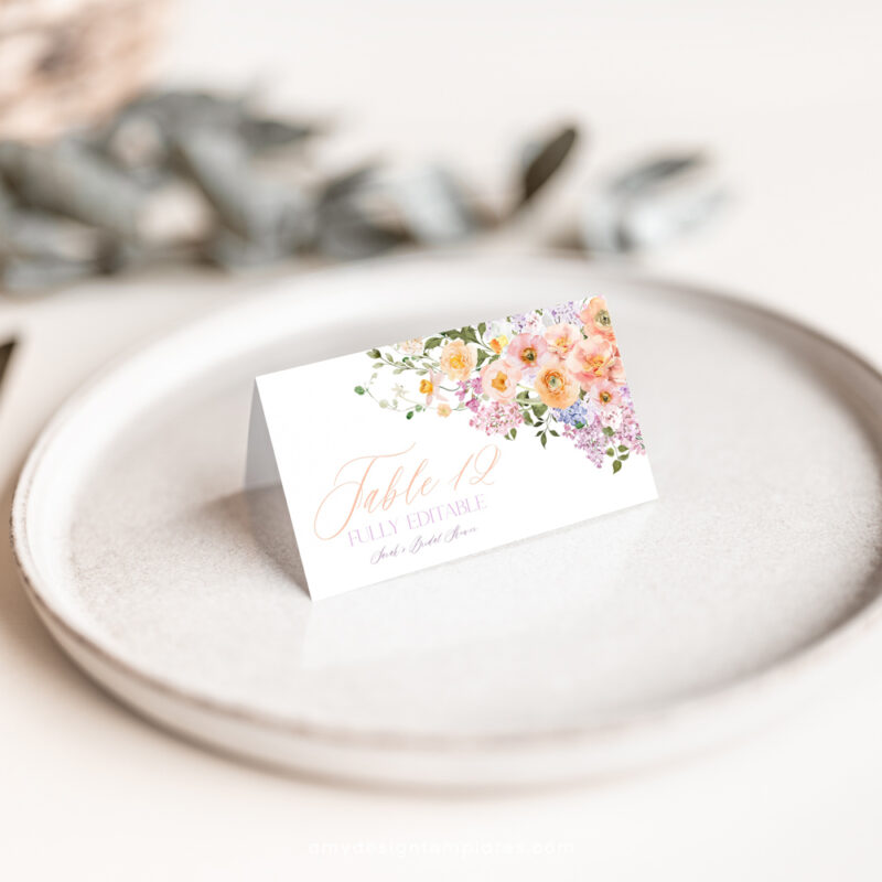 Bright Colorful Bridal Shower Brunch Menu Template, Peach Purple Floral Bridal Shower Menu Place Card Template Bright Colorful Bridal Shower Brunch Menu Template – Peach Purple Floral A038