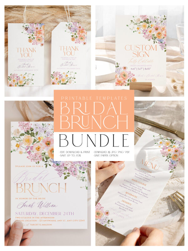 Spring Floral Bridal Brunch Bundle | Peach Purple Bridal Shower Brunch Invitations Card | Printable Menu, Cards & Signs