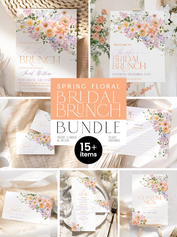 Spring Floral Bridal Brunch Bundle | Peach Purple Bridal Shower Brunch Invitations Card | Printable Menu, Cards & Signs