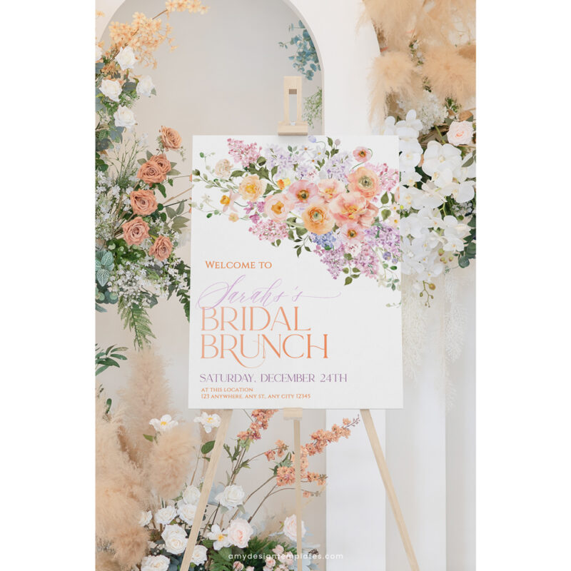 Peach Purple Bridal Brunch Invitation Template Bundle, Bright Bridal Shower Brunch Invitation Bundle Template Spring Floral Bridal Shower Brunch Welcome Sign Template A038