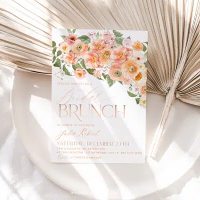 Peach Bridal Brunch Invitation Card, Orange Floral Bridal Shower Editable Template