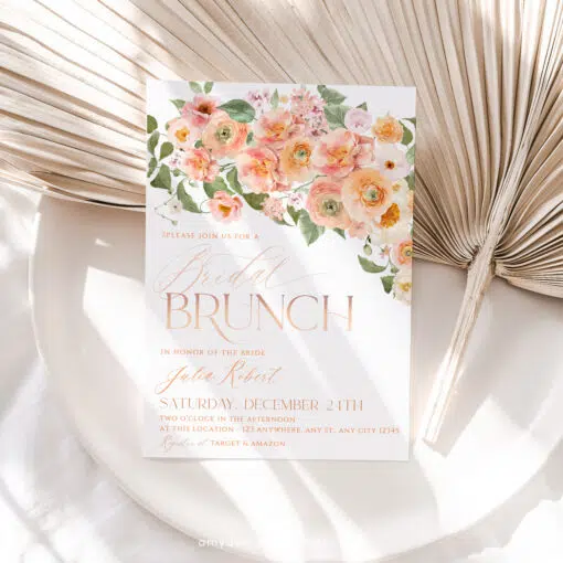 Peach Bridal Brunch Invitation Card, Orange Floral Bridal Shower Editable Template