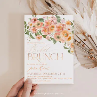 Peach Bridal Brunch Invitation, Orange Floral Bridal Shower Editable Template