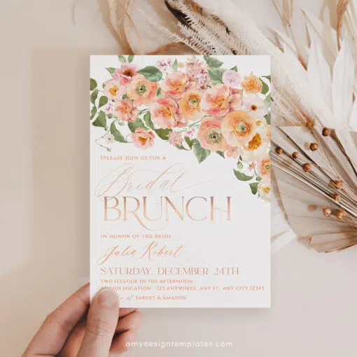 Peach Bridal Brunch Invitation, Orange Floral Bridal Shower Editable Template