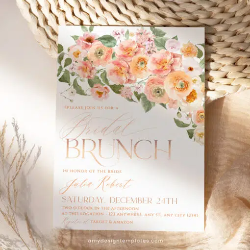 Peach Bridal Brunch Invitation, Orange Floral Bridal Shower Editable Template