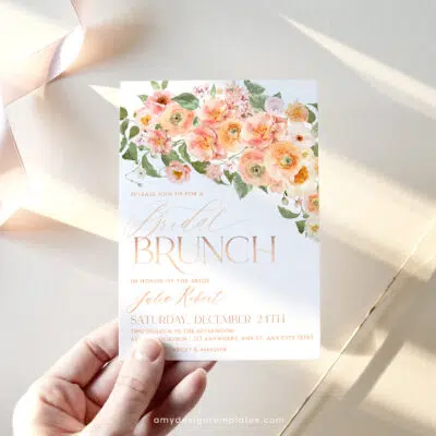 Peach Bridal Brunch Invitation, Orange Floral Bridal Shower Editable Template