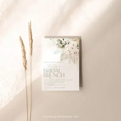 Boho Greenery Bridal Brunch Invitation, Green Pampas Bridal Shower Editable Template