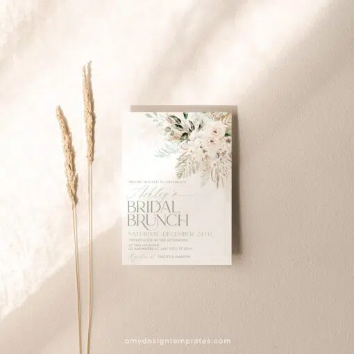 Boho Greenery Bridal Brunch Invitation, Green Pampas Bridal Shower Editable Template