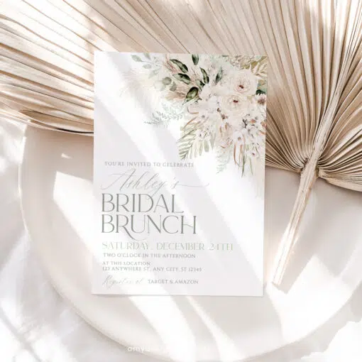 Boho Greenery Bridal Brunch Invitation, Green Pampas Bridal Shower Editable Template